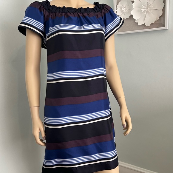 Banana Republic Silk on/off shoulder‎ striped sheath dress flutter sleeve small - Picture 1 of 11